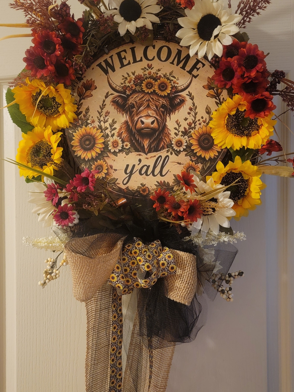 Welcome Y'all Floral Sunflower Wreath - Yellow, Red, White -